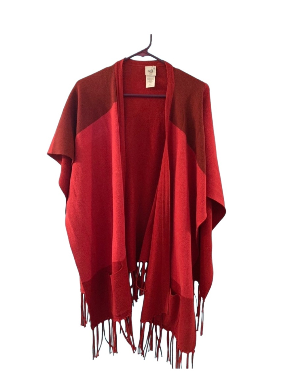 CAbi Red Multi Shade Knit Fringe Poncho Shawl Sweater Wrap Size Small/X Small